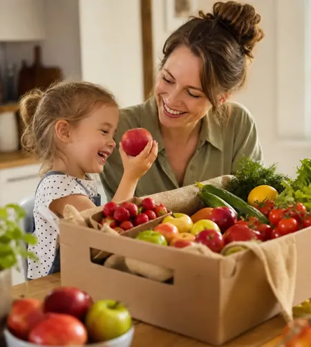Mutter und Kind mit einer Frischekiste mit Obst und Gemüse. Zur unverbindlichen BIOSIVA-Vormerkung.